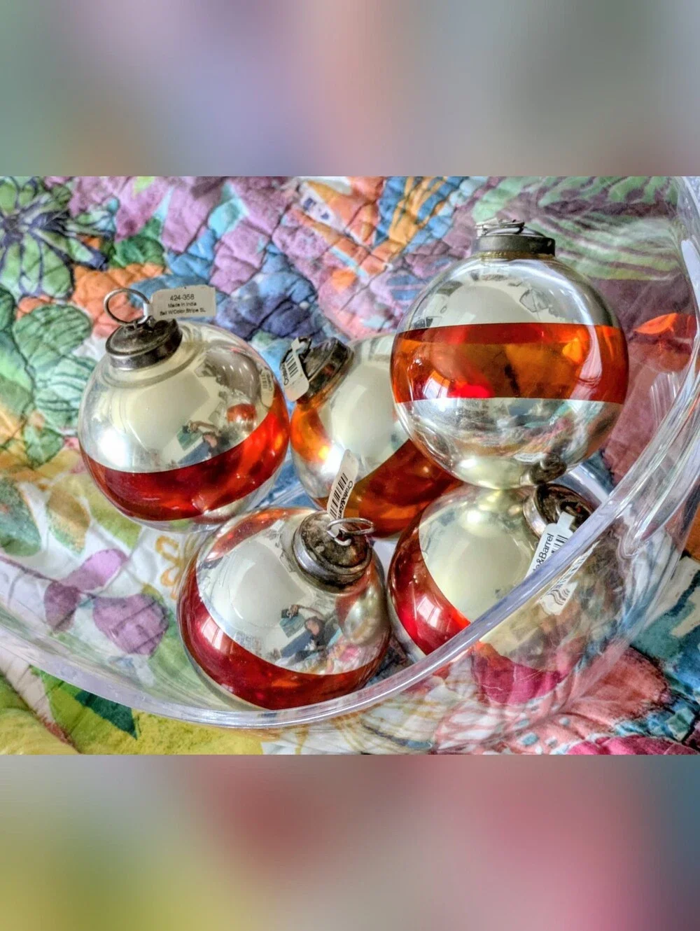 Set of 5 Crate & Barrel Vintage Mercury Glass Ornaments – Red Stripe Metal Hang